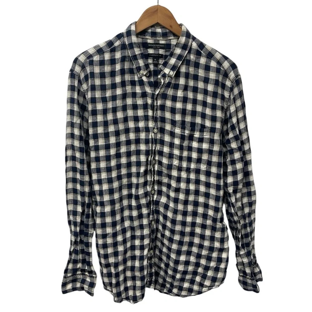 BF1165 Men’s Banana Republic 100% Linen CAMDEN Fit Plaid Button Shirt XL